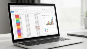 Ekran Google Sheets z formułami i kolorową tabelą danych na laptopie