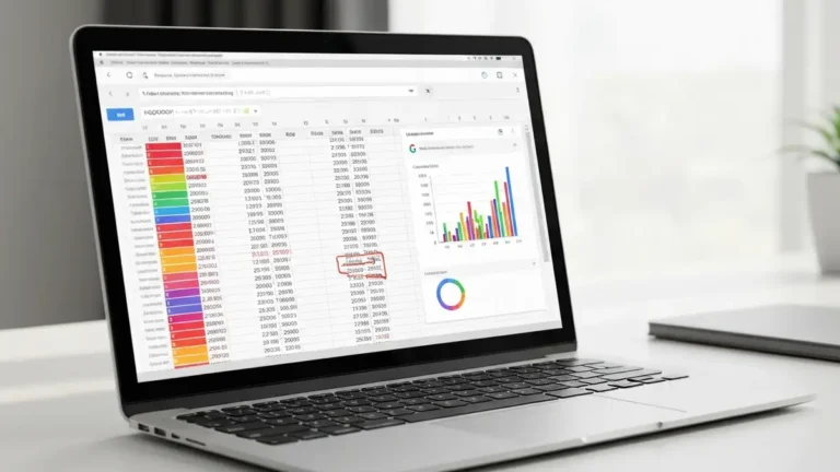 Ekran Google Sheets z formułami i kolorową tabelą danych na laptopie