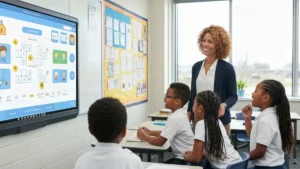 Nauczyciel pokazuje grę edukacyjną na tablicy interaktywnej uczniom w klasie