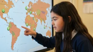 Dziecko wskazujące palcem na mapę świata podczas nauki geografii poprzez grę edukacyjną