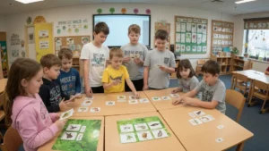 Dzieci bawiące się w grze przyrodniczej, badające naturę w klasie, kolorowe karty edukacyjne o zwierzętach i roślinach