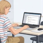 Uczen siedzacy przy komputerze i piszacy kod HTML w edytorze tekstowym