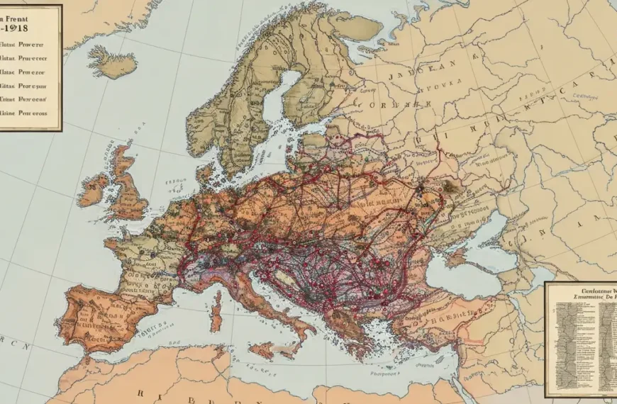 Mapa Europy z zaznaczonymi frontami I wojny swiatowej 1914-1918