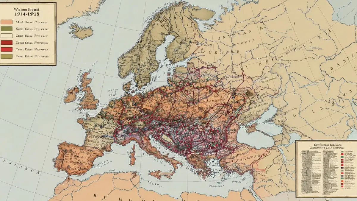 Mapa Europy z zaznaczonymi frontami I wojny swiatowej 1914-1918