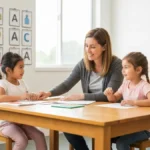 Nauczycielka pracująca indywidualnie z dziewczynką ze spektrum autyzmu przy stole, symbole komunikacyjne na ścianach