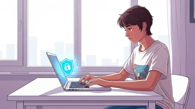 Uczen korzystajacy bezpiecznie z internetu przy biurku z laptopem i ikona klosza ochronnego na ekranie