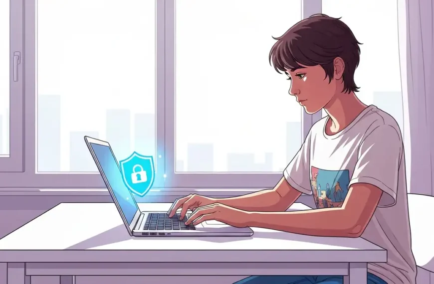 Uczen korzystajacy bezpiecznie z internetu przy biurku z laptopem i ikona klosza ochronnego na ekranie