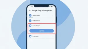 Ekran smartfona z Androidem pokazujacy liste aktywnych subskrypcji w aplikacji Google Play z przyciskiem anulowania