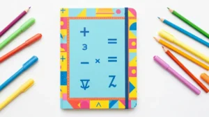 Ozdobiony zeszyt do matematyki z kolorowymi wzorami geometrycznymi, ramkami i symbolami matematycznymi