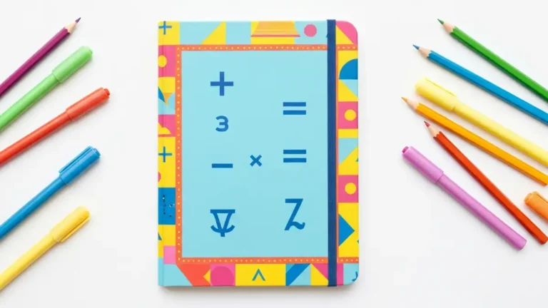 Ozdobiony zeszyt do matematyki z kolorowymi wzorami geometrycznymi, ramkami i symbolami matematycznymi