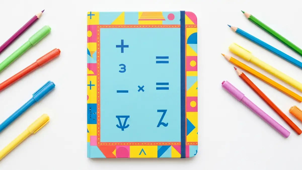 Ozdobiony zeszyt do matematyki z kolorowymi wzorami geometrycznymi, ramkami i symbolami matematycznymi