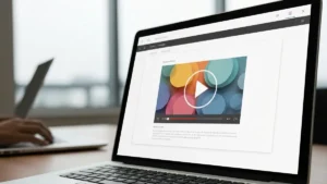 Prezentacja PowerPoint z wideo osadzonym na slajdzie, przyciski odtwarzania wideo, wielobarwny interfejs