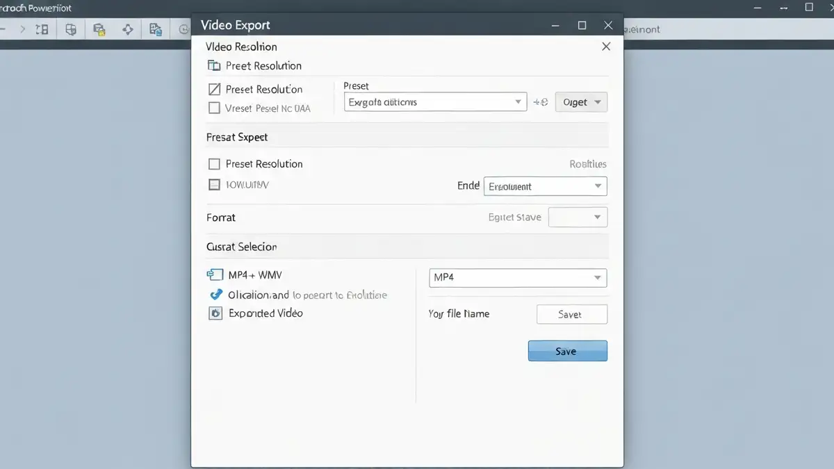 Ekran menu PowerPoint z opcją eksportu do wideo i ustawieniami rozdzielczości