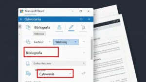 Wstążka Microsoft Word z zaznaczonym przyciskiem Bibliografia w zakładce Odwołania