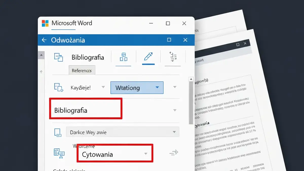 Wstążka Microsoft Word z zaznaczonym przyciskiem Bibliografia w zakładce Odwołania