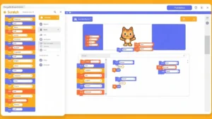 Interfejs Scratcha z kolorowymi blokami kodu, sceną projektu i listą postaci