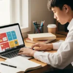 Uczeń pracujący nad prezentacją maturalną w PowerPoint z widocznym laptopem i notatkami