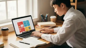 Uczeń pracujący nad prezentacją maturalną w PowerPoint z widocznym laptopem i notatkami