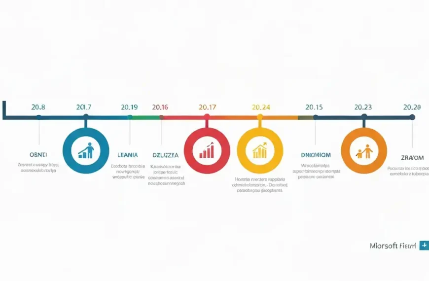 Przykład gotowego timeline (osi czasu) w PowerPoint z kolorowymi znacznikami i datami