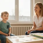 Dziecko rozmawiające z logopedą - terapia zaburzeń mowy