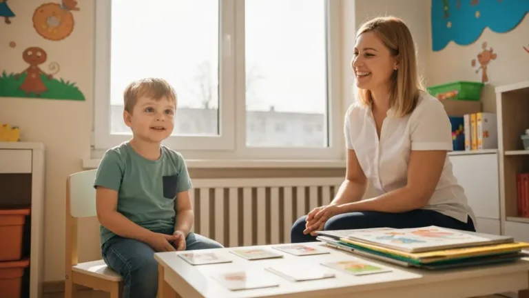 Dziecko rozmawiające z logopedą - terapia zaburzeń mowy