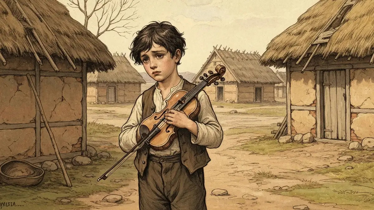 Janko Muzykant - chłopiec grający na instrumencie muzycznym, ilustracja do opowiadania Sienkiewicza