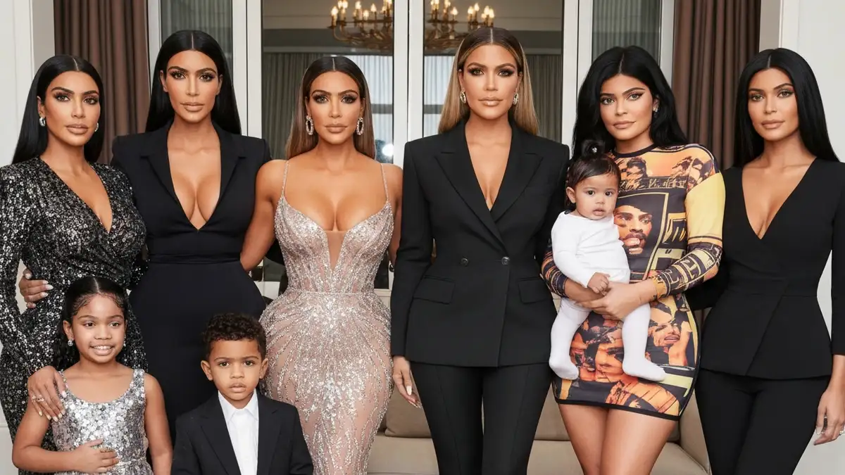 Całe rodzina Kardashianów pozuje razem do zdjęcia, wszyscy członkowie klanu w eleganckiej stylizacji