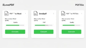 Porównanie trzech interfejsów narzędzi do konwersji PDF - iLovePDF, Smallpdf i PDF2Go z zielonymi przyciskami konwersji i ikonami dokumentów