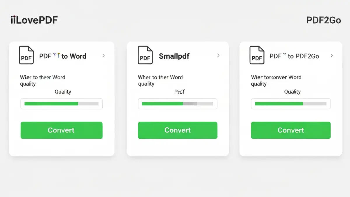 Porównanie trzech interfejsów narzędzi do konwersji PDF - iLovePDF, Smallpdf i PDF2Go z zielonymi przyciskami konwersji i ikonami dokumentów