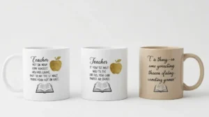 Beżowy kubek ceramiczny z personalizowaną dedykacją dla nauczyciela - widok z różnych kątów