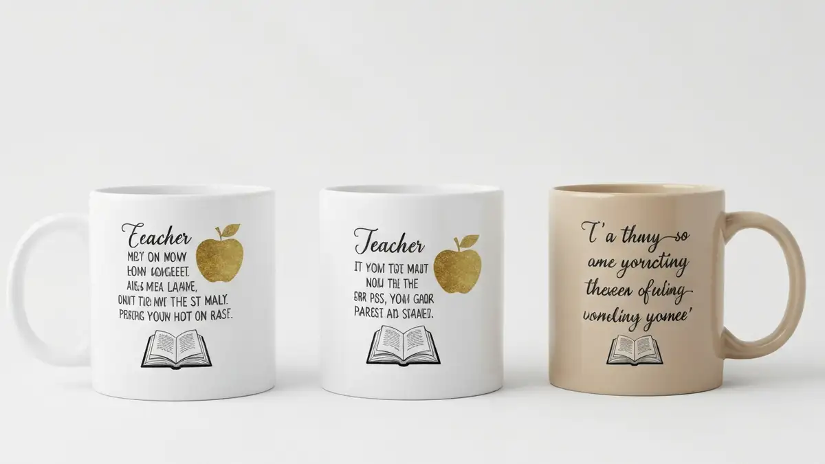 Beżowy kubek ceramiczny z personalizowaną dedykacją dla nauczyciela - widok z różnych kątów