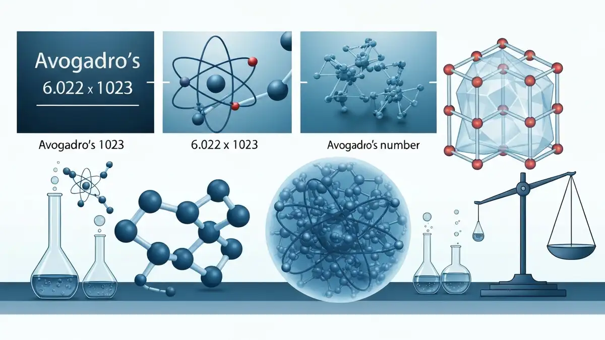 Liczba Avogadra 6,022 × 10²³ na tle atomów cząsteczek i struktury krystalicznej