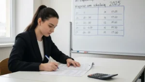 Uczen siedzacy przy biurku z arkuszem maturalnym i kalkulatorem, na tle tablicy z harmonogramem egzaminow 2025