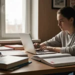 Uczeń edukacji domowej siedzący przy biurku z podręcznikami i notesami, przygotowujący się do matury