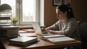 Uczeń edukacji domowej siedzący przy biurku z podręcznikami i notesami, przygotowujący się do matury