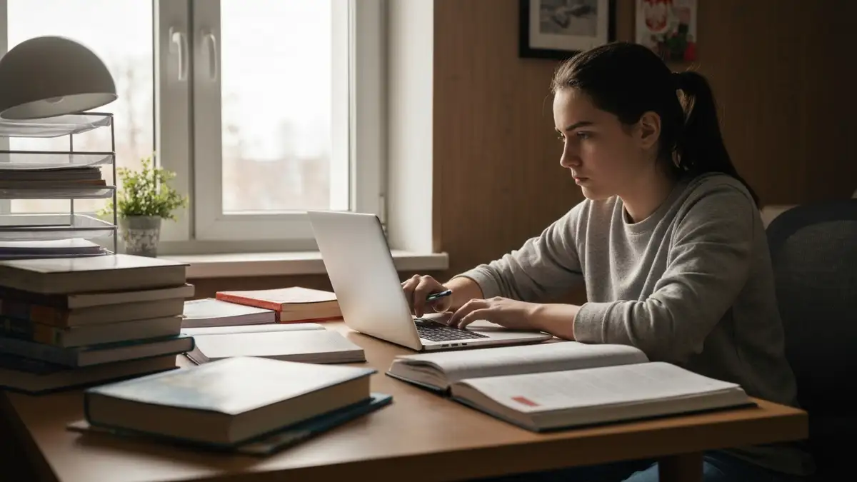 Uczeń edukacji domowej siedzący przy biurku z podręcznikami i notesami, przygotowujący się do matury