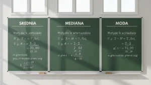 Trzy miary tendencji centralnej - mediana, moda i srednia na tablicy szkolnej z przykladami liczbowymi