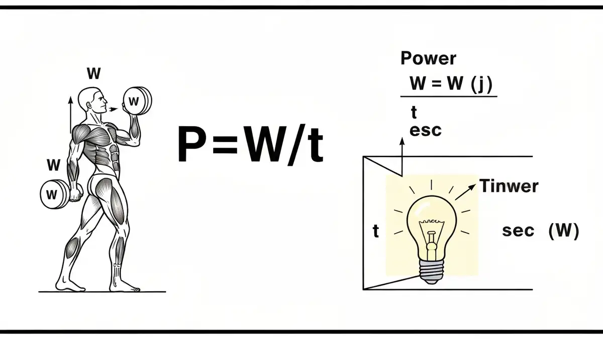 Diagram wzoru mocy P=W/t z przykładowymi wartościami liczbowymi