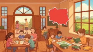 Rodzicom i uczniom szkolnym: ilustracja szkoły z otwartymi drzwiami, symbolizująca przyjazną atmosferę dla edukacji domowej, z ikoną mapy Polski