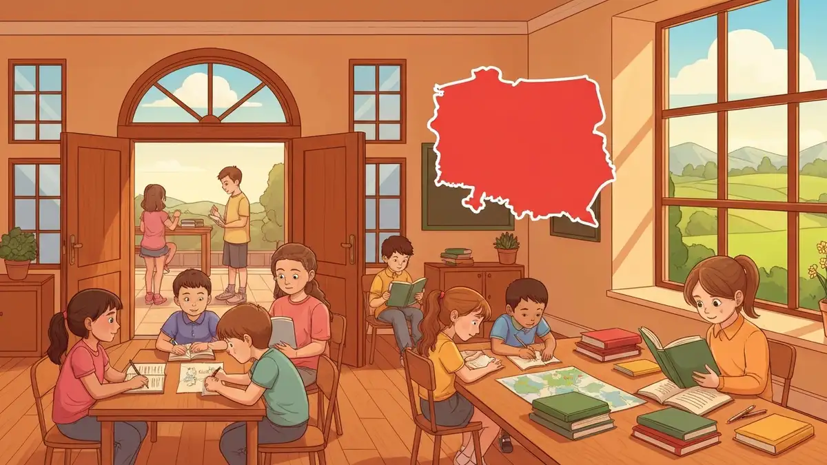 Rodzicom i uczniom szkolnym: ilustracja szkoły z otwartymi drzwiami, symbolizująca przyjazną atmosferę dla edukacji domowej, z ikoną mapy Polski