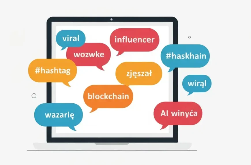 Grafika pokazująca słowa nowe na ekranie laptopa - neologizmy technologiczne i internetowe
