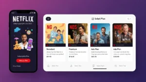 Ekran Netflix z wyborem planów abonamentowych 2025 - Standard, Premium i plan z reklamami