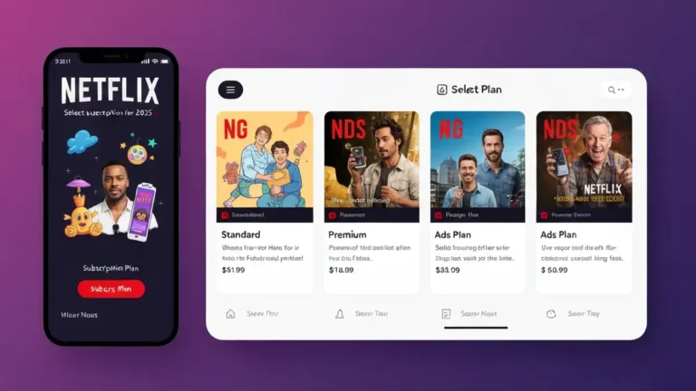 Ekran Netflix z wyborem planów abonamentowych 2025 - Standard, Premium i plan z reklamami