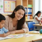 Nauczyciel wspomagajacy pracuje indywidualnie z uczniem z niepelnosprawnoscia intelektualna przy biurku w jasnej sali szkolnej