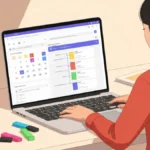 Student korzystajacy z Notion na laptopie podczas sesji egzaminacyjnej z otwartym planem nauki i baza notatek Zettelkasten