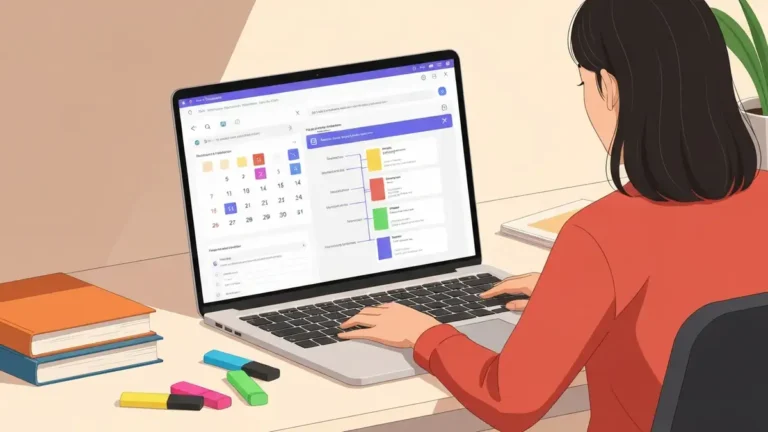 Student korzystajacy z Notion na laptopie podczas sesji egzaminacyjnej z otwartym planem nauki i baza notatek Zettelkasten