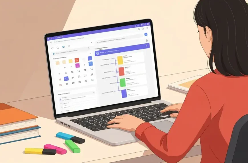 Student korzystajacy z Notion na laptopie podczas sesji egzaminacyjnej z otwartym planem nauki i baza notatek Zettelkasten