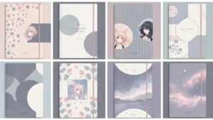 Kolaż 6 estetycznych okładek zeszytu dla dziewczyn - minimalizmem, pastel, floral, geometria, anime, kosmiczny