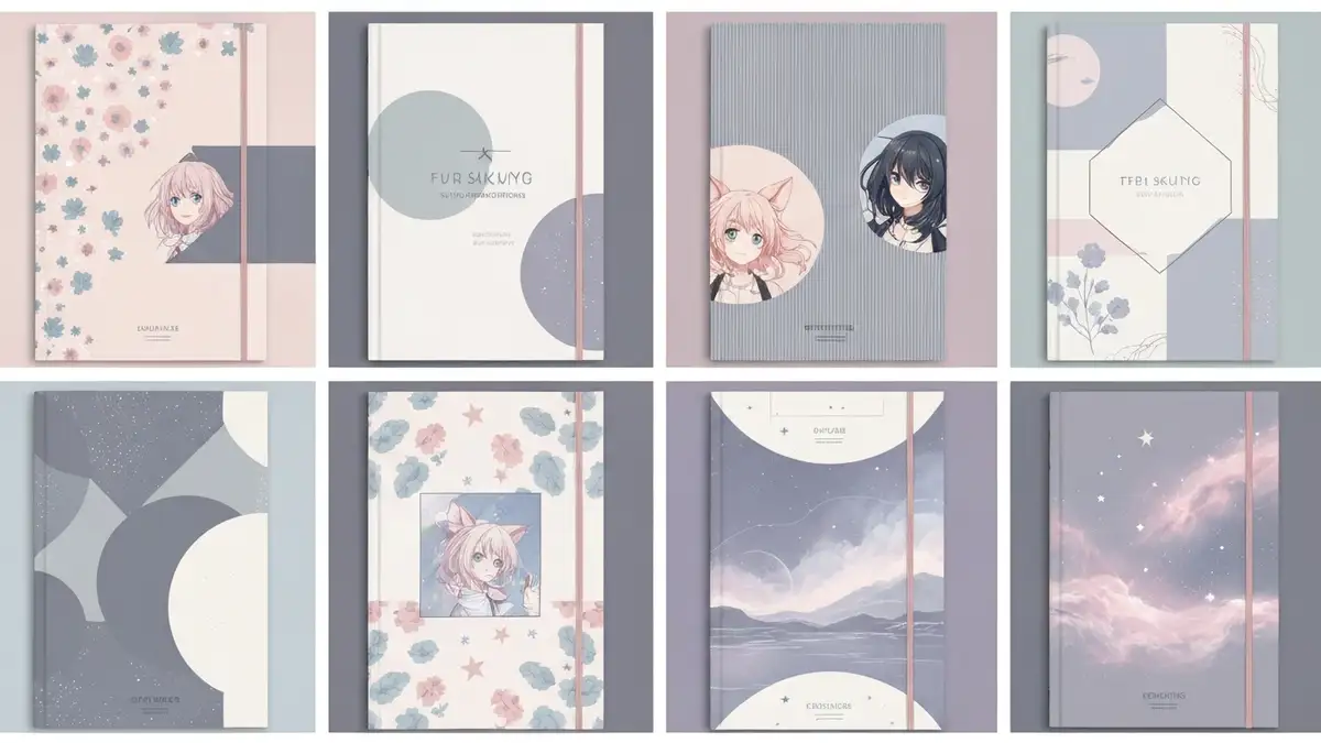 Kolaż 6 estetycznych okładek zeszytu dla dziewczyn - minimalizmem, pastel, floral, geometria, anime, kosmiczny