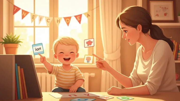Mama pracuje z małym dzieckiem nad rozwojem mowy - terapia logopedyczna w domu z kartami edukacyjnymi